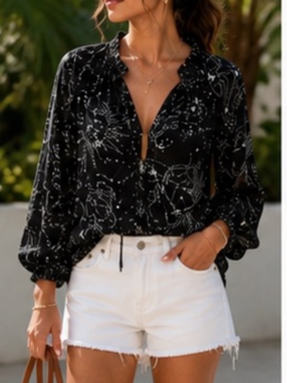 White House Black Market Celestial Zodiac Blouse Ruffle Tie Neck Black XS - Picture 1 of 9